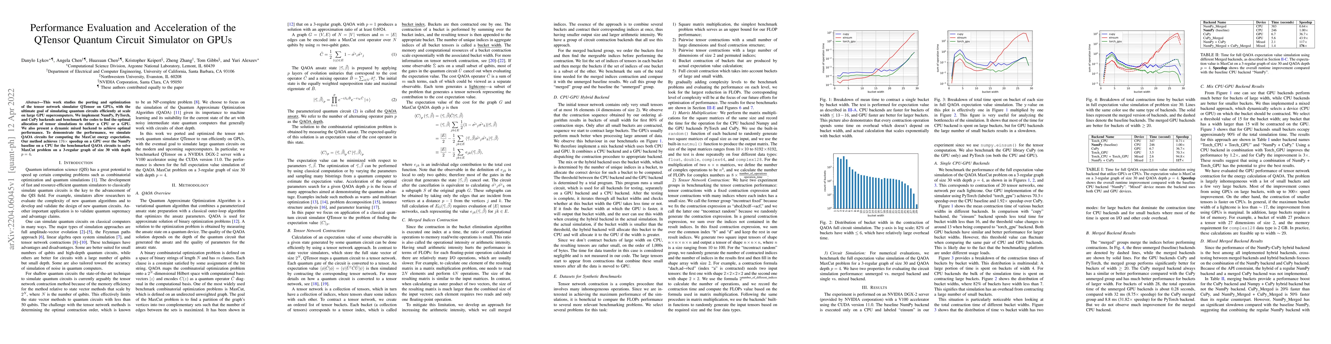 Thumbnail for Performance Evaluation and Acceleration of the QTensor Quantum Circuit
  Simulator on GPUs