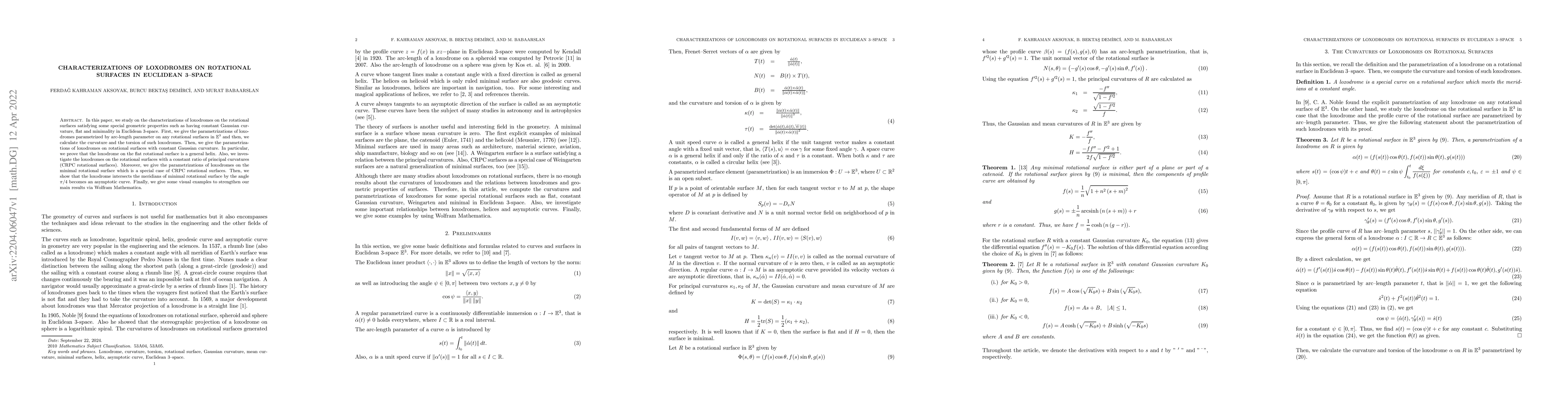 Thumbnail for Characterizations of Loxodromes on Rotational Surfaces in Euclidean
  3--Space