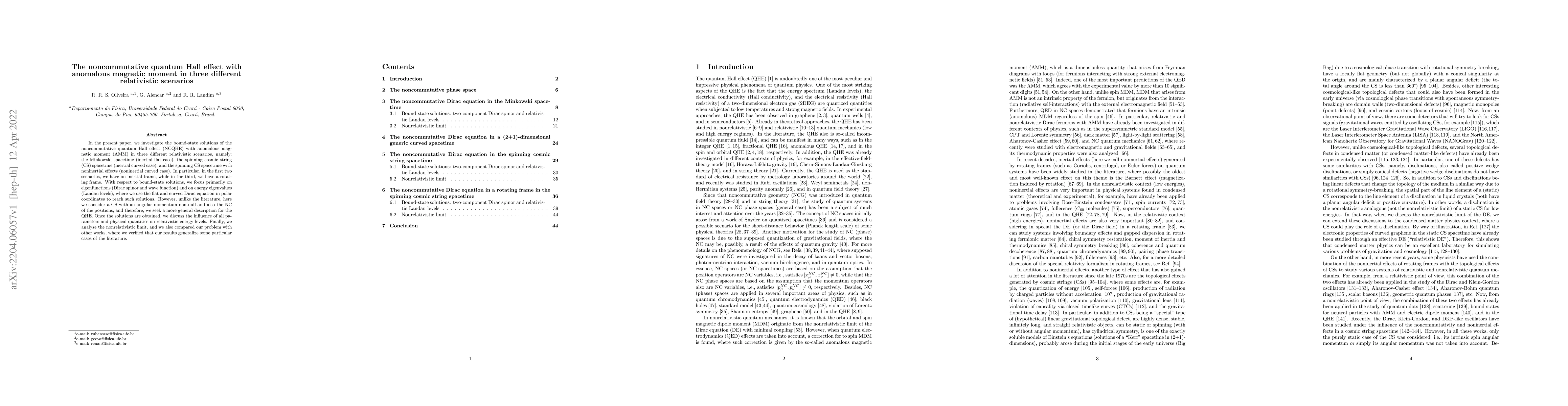 Thumbnail for The noncommutative quantum Hall effect with anomalous magnetic moment in
  three different relativistic scenarios