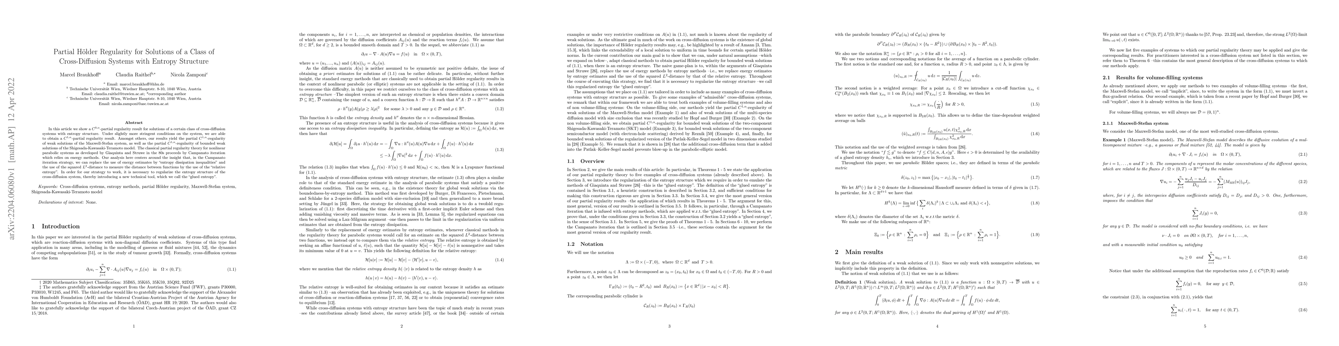 Thumbnail for Partial H\"{o}lder Regularity for Solutions of a Class of
  Cross-Diffusion Systems with Entropy Structure