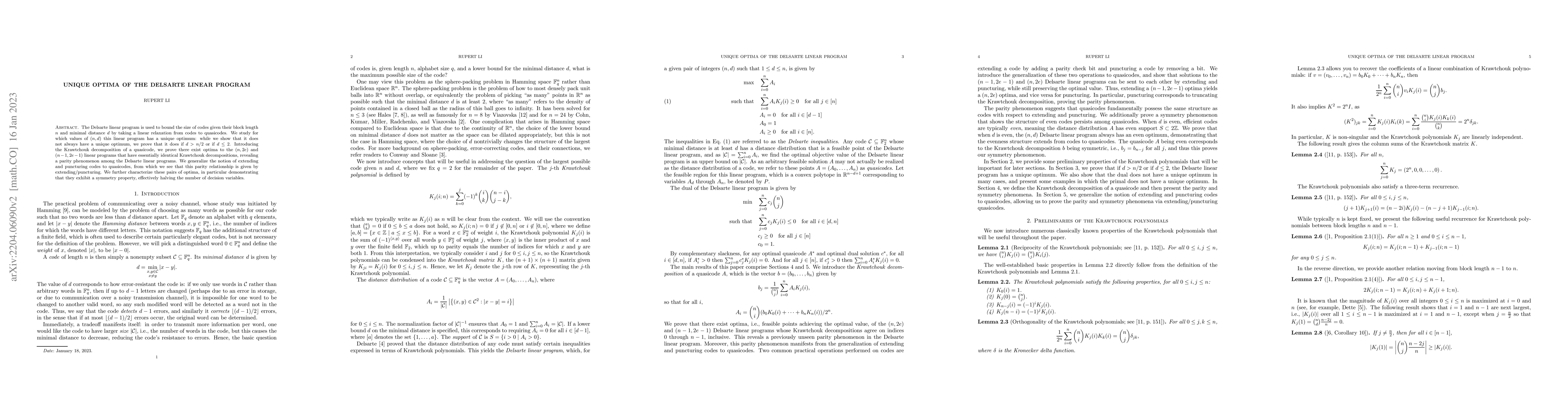 Thumbnail for Unique Optima of the Delsarte Linear Program