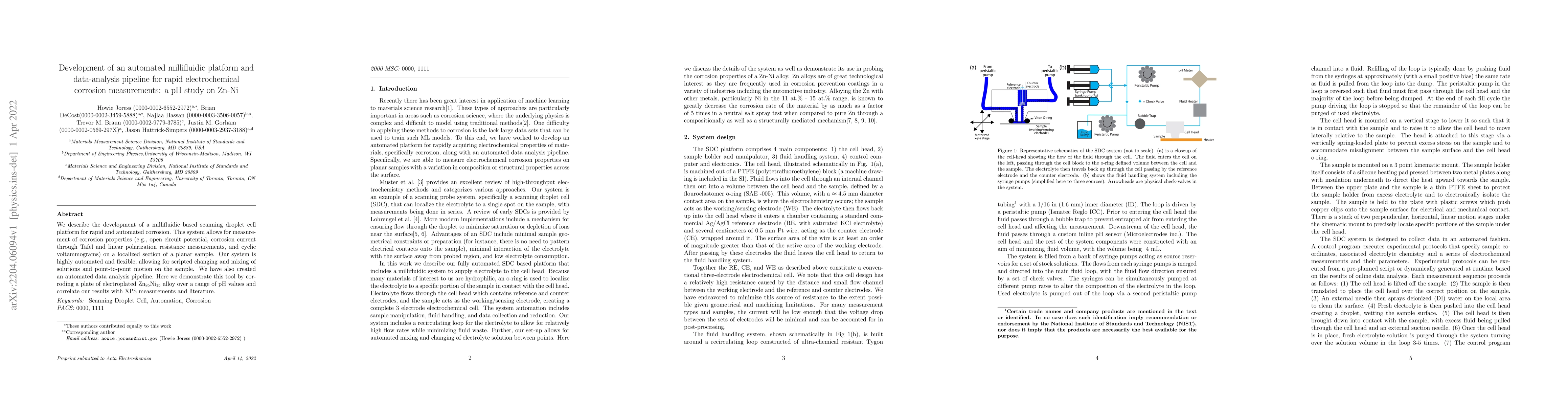 Thumbnail for Development of an automated millifluidic platform and data-analysis
  pipeline for rapid electrochemical corrosion measurements: a pH study on
  Zn-Ni