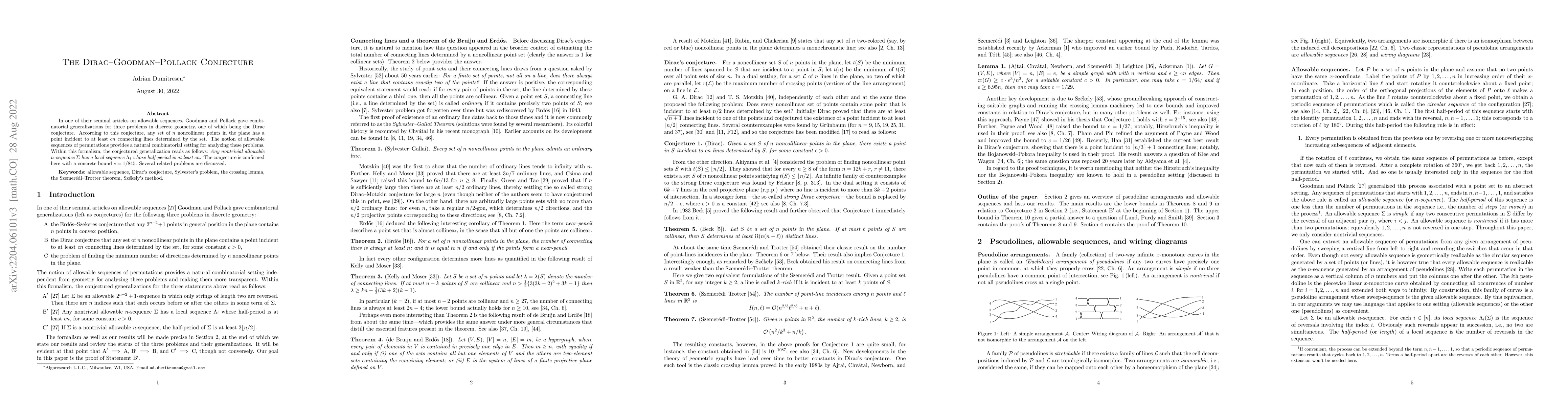 Thumbnail for The Dirac--Goodman--Pollack Conjecture