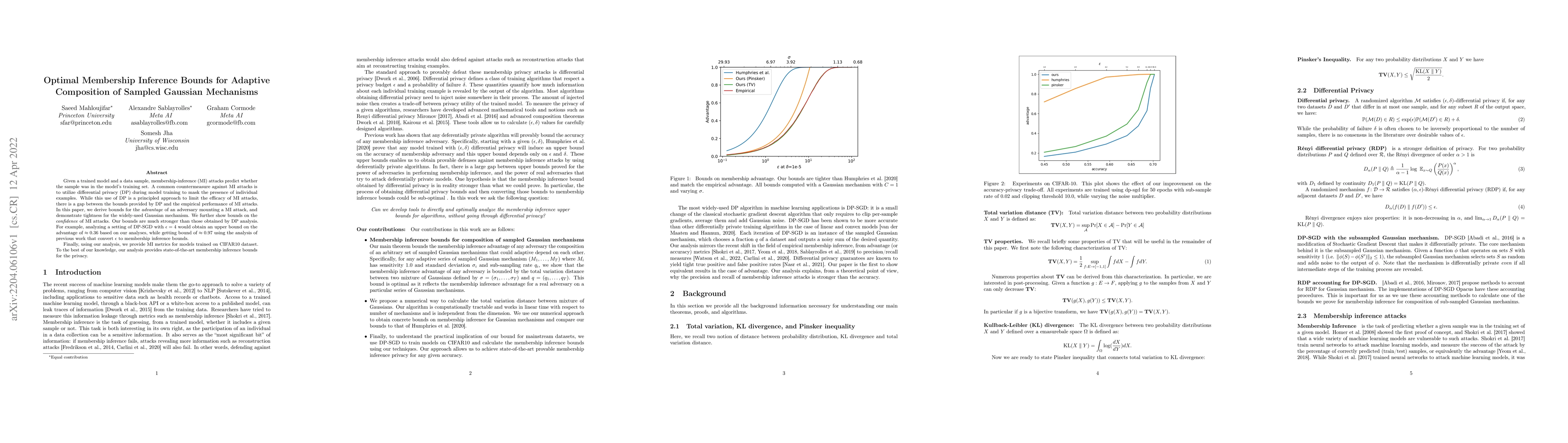 Thumbnail for Optimal Membership Inference Bounds for Adaptive Composition of Sampled
  Gaussian Mechanisms