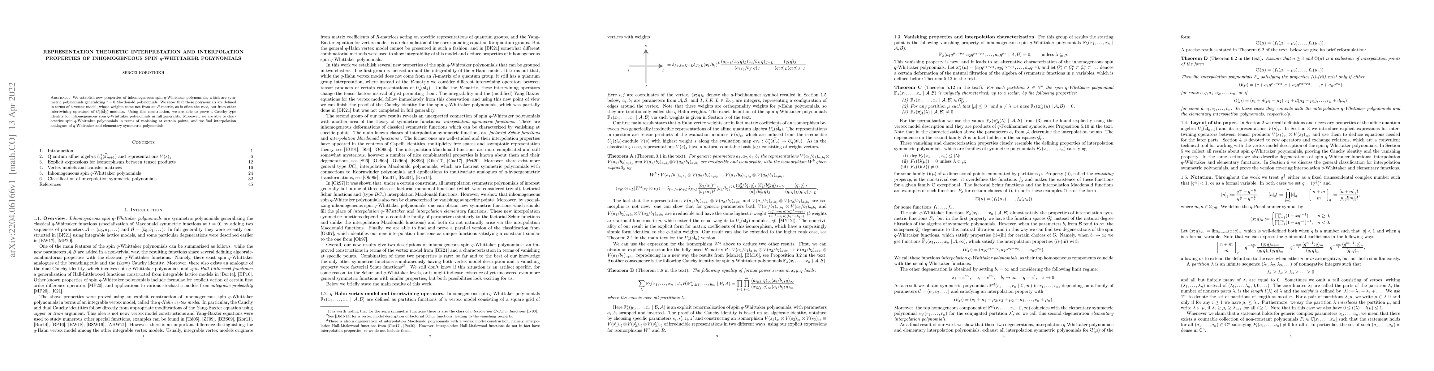 Thumbnail for Representation theoretic interpretation and interpolation properties of
  inhomogeneous spin $q$-Whittaker polynomials