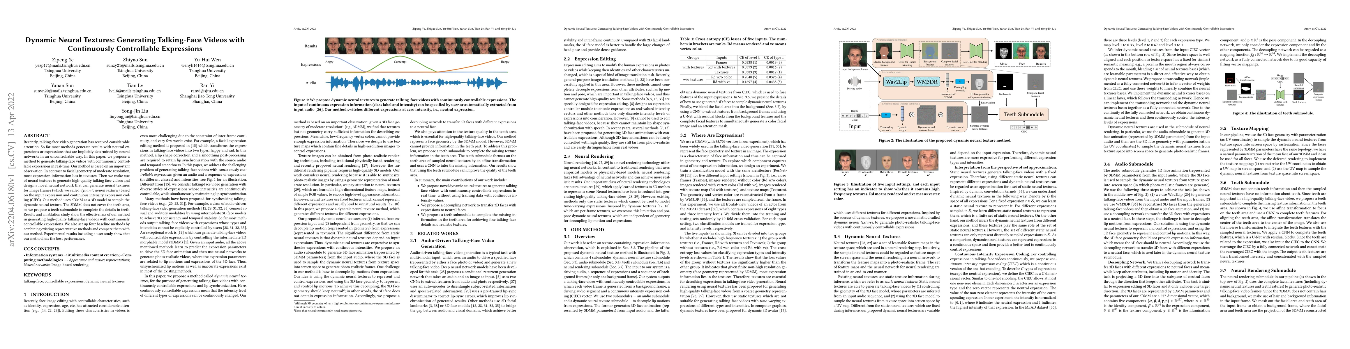 Thumbnail for Dynamic Neural Textures: Generating Talking-Face Videos with
  Continuously Controllable Expressions