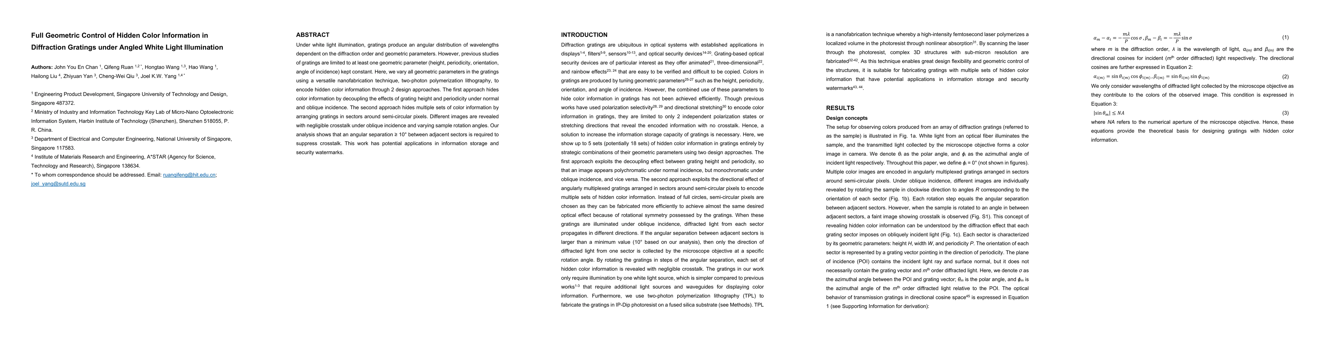 Thumbnail for Full Geometric Control of Hidden Color Information in Diffraction
  Gratings under Angled White Light Illumination