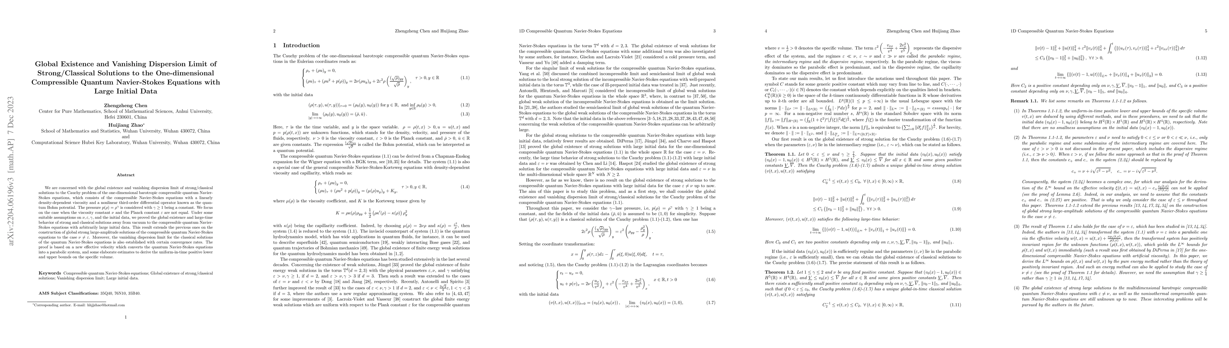 Thumbnail for Global Existence and Vanishing Dispersion Limit of Strong/Classical
  Solutions to the One-dimensional Compressible Quantum Navier-Stokes Equations
  with Large Initial Data