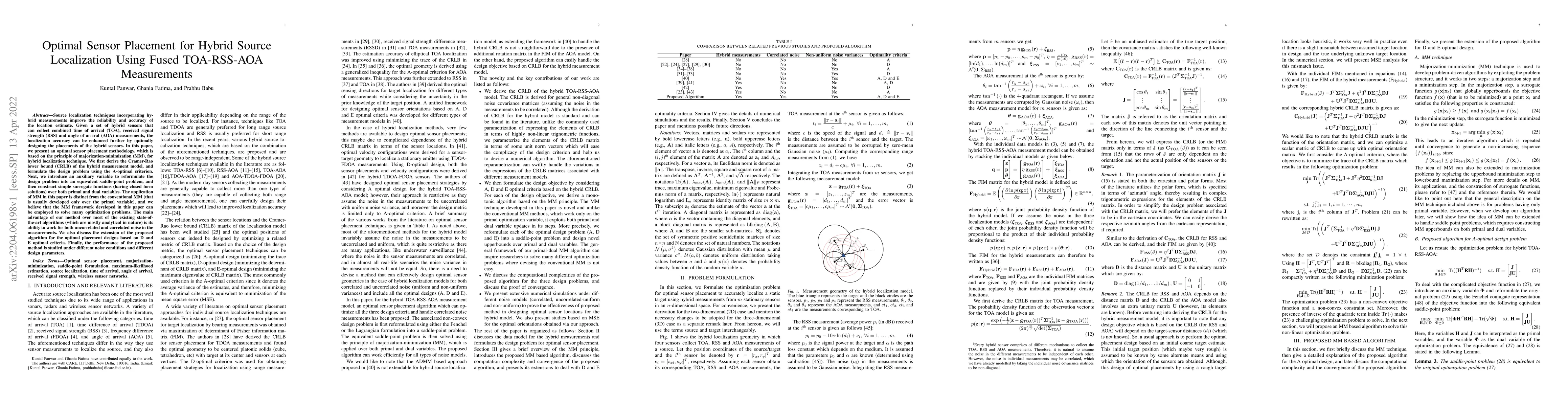 Thumbnail for Optimal Sensor Placement for Hybrid Source Localization Using Fused
  TOA-RSS-AOA Measurements