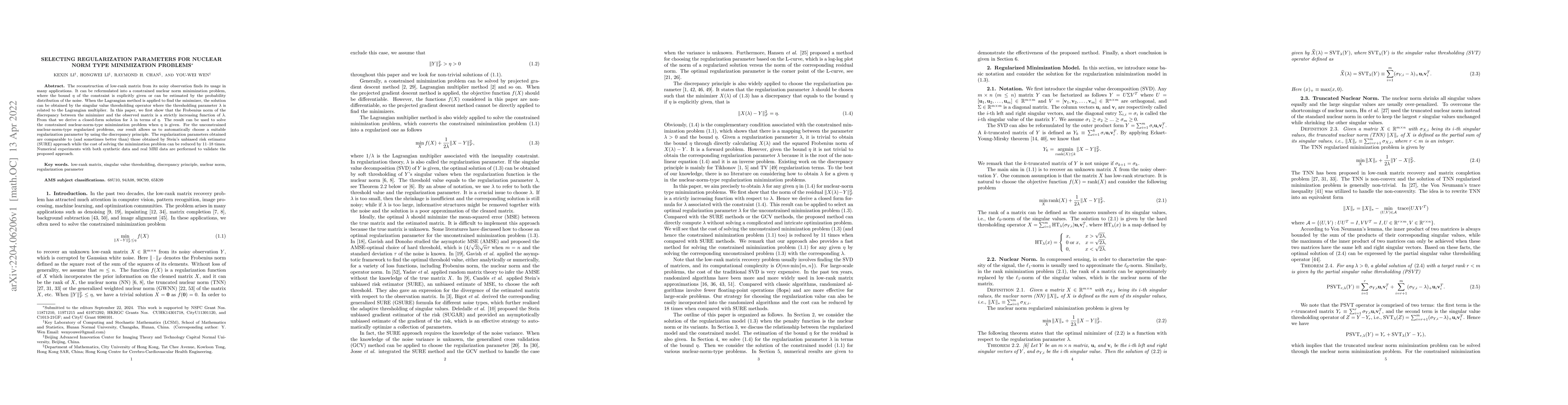 Thumbnail for Selecting Regularization Parameters for nuclear norm type minimization
  problems