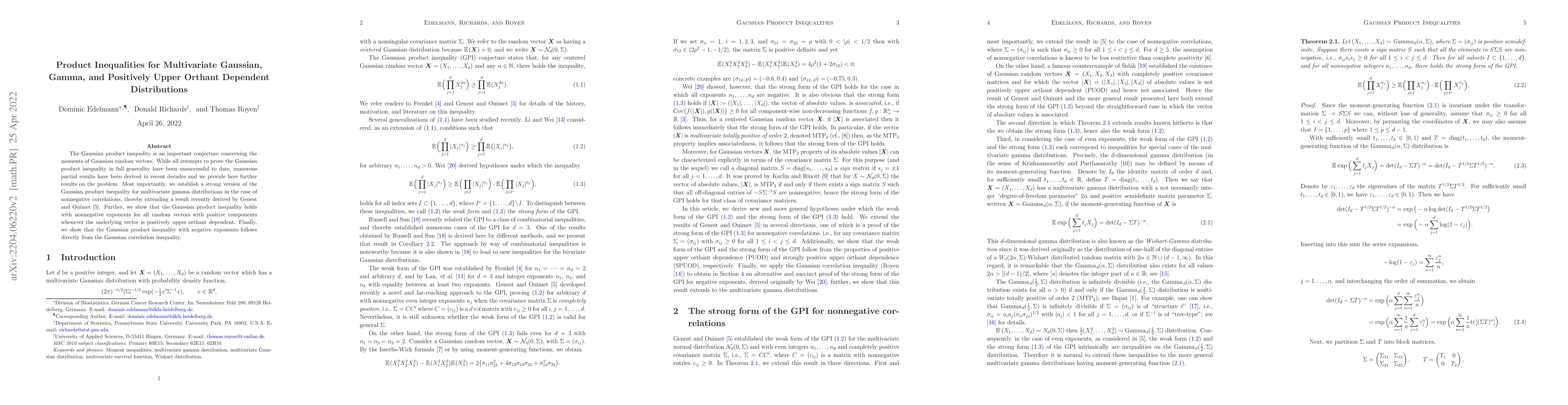 Thumbnail for Product Inequalities for Multivariate Gaussian, Gamma, and Positively
  Upper Orthant Dependent Distributions