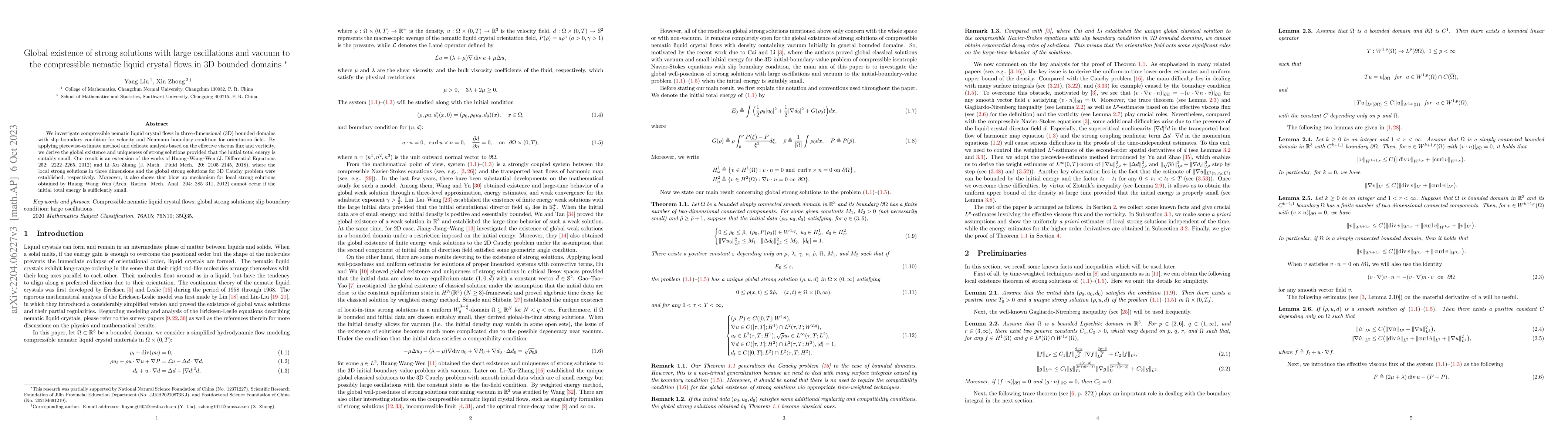 Thumbnail for Global existence of strong solutions with large oscillations and vacuum
  to the compressible nematic liquid crystal flows in 3D bounded domains