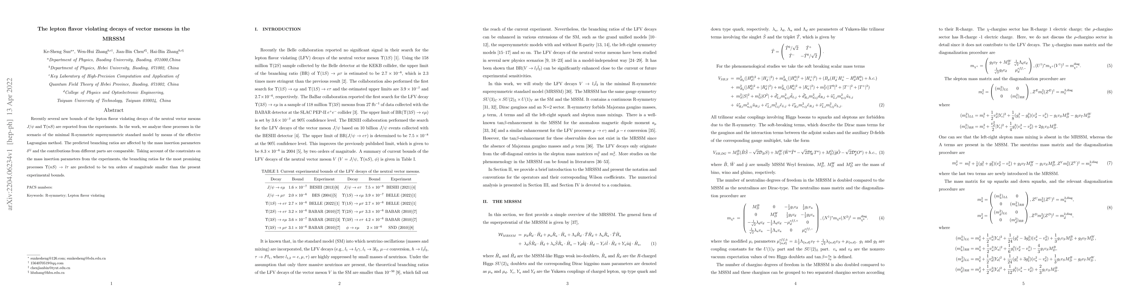 Thumbnail for The lepton flavor violating decays of vector mesons in the MRSSM