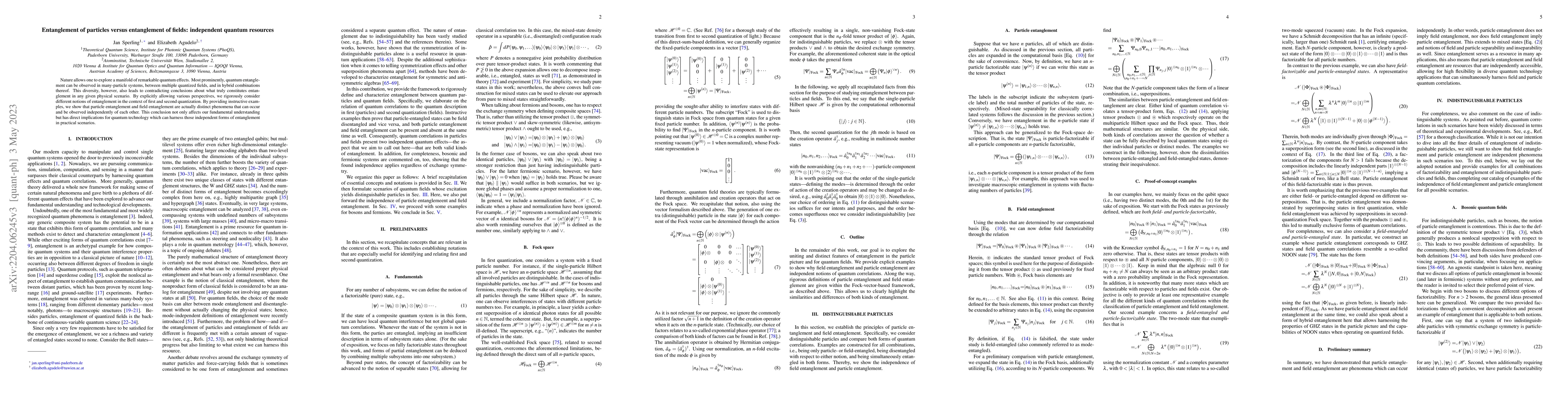 Thumbnail for Entanglement of particles versus entanglement of fields: independent
  quantum resources