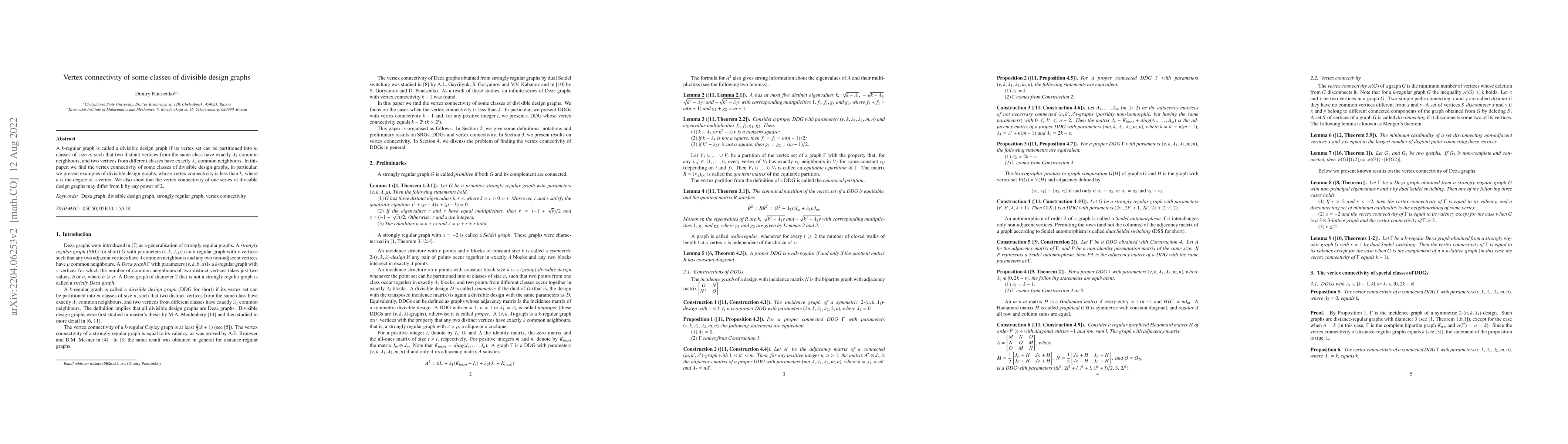 Thumbnail for The vertex connectivity of some classes of divisible design graphs