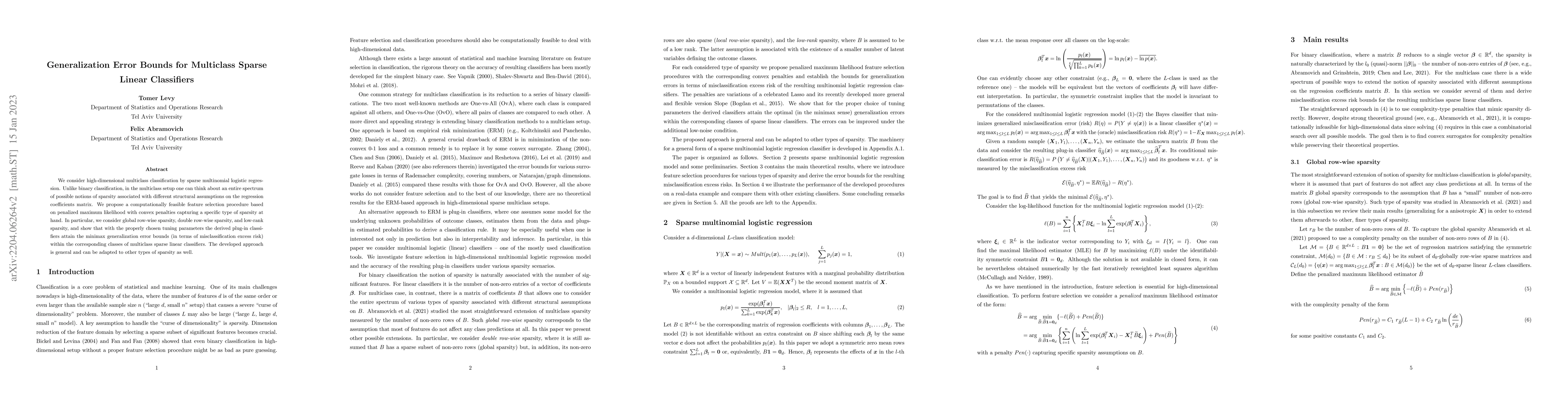 Thumbnail for Generalization Error Bounds for Multiclass Sparse Linear Classifiers