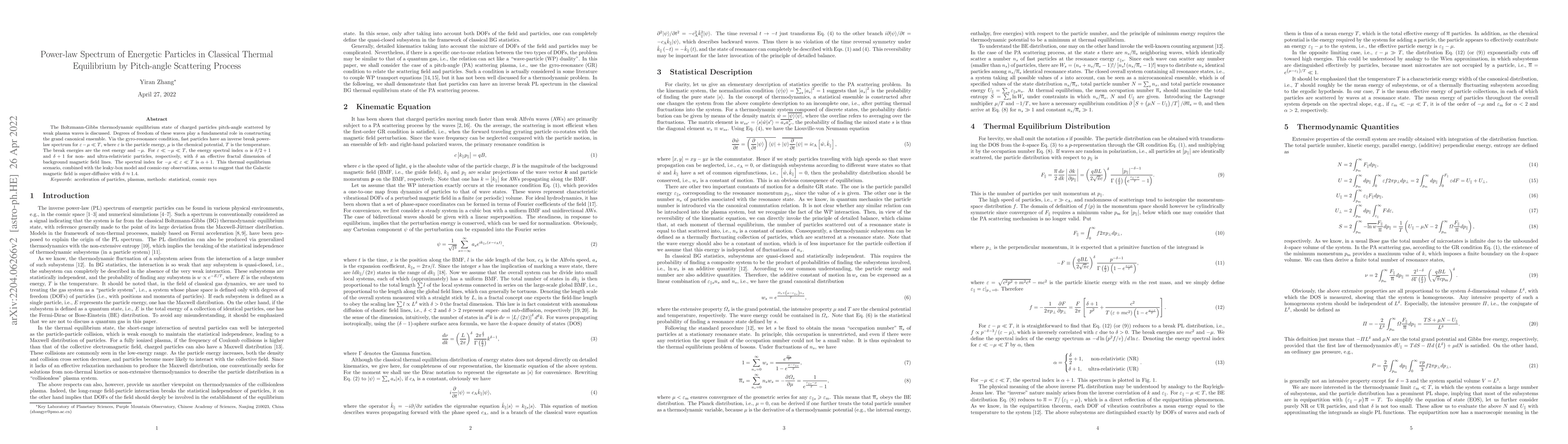 Thumbnail for Power-law Spectrum of Energetic Particles in Classical Thermal
  Equilibrium by Pitch-angle Scattering Process