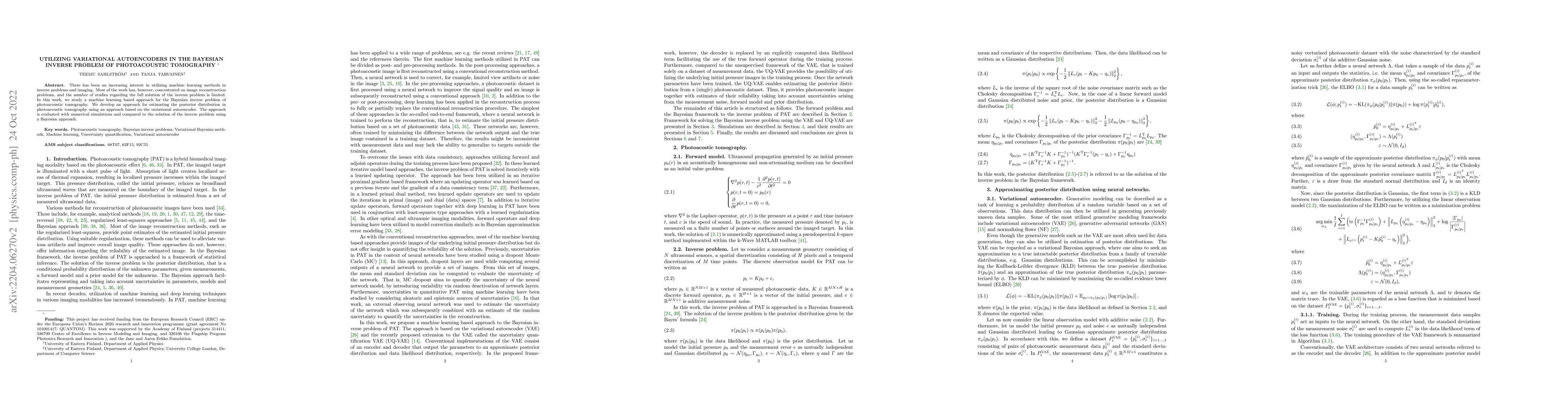 Thumbnail for Utilizing variational autoencoders in the Bayesian inverse problem of
  photoacoustic tomography