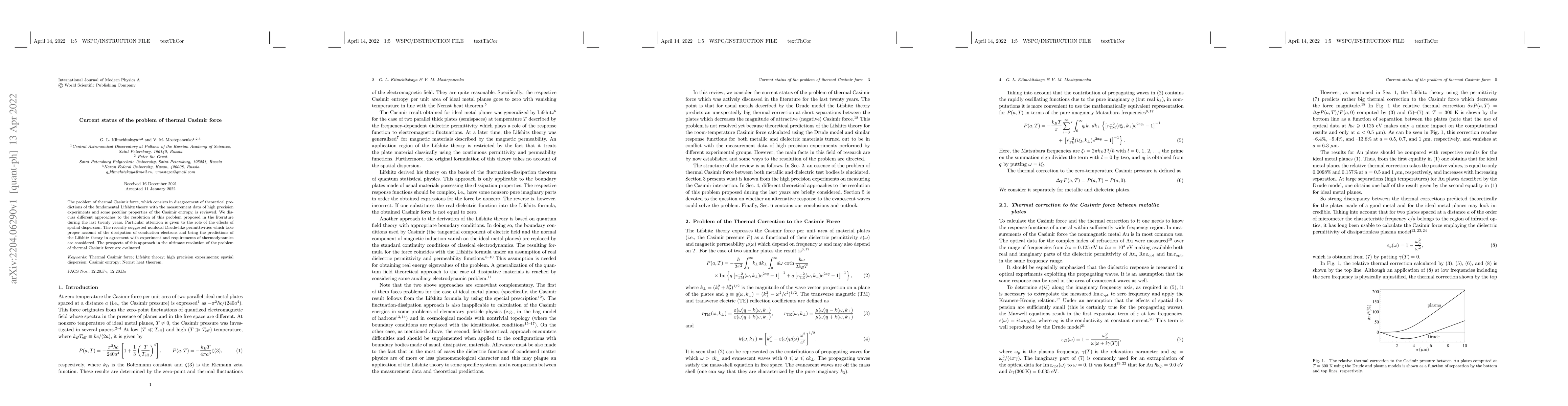 Thumbnail for Current status of the problem of thermal Casimir force