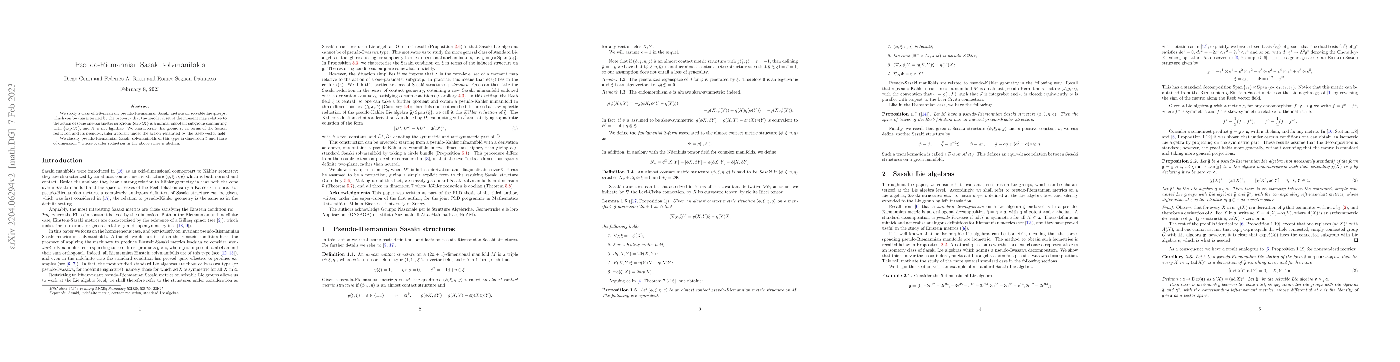Thumbnail for Pseudo-Riemannian Sasaki solvmanifolds