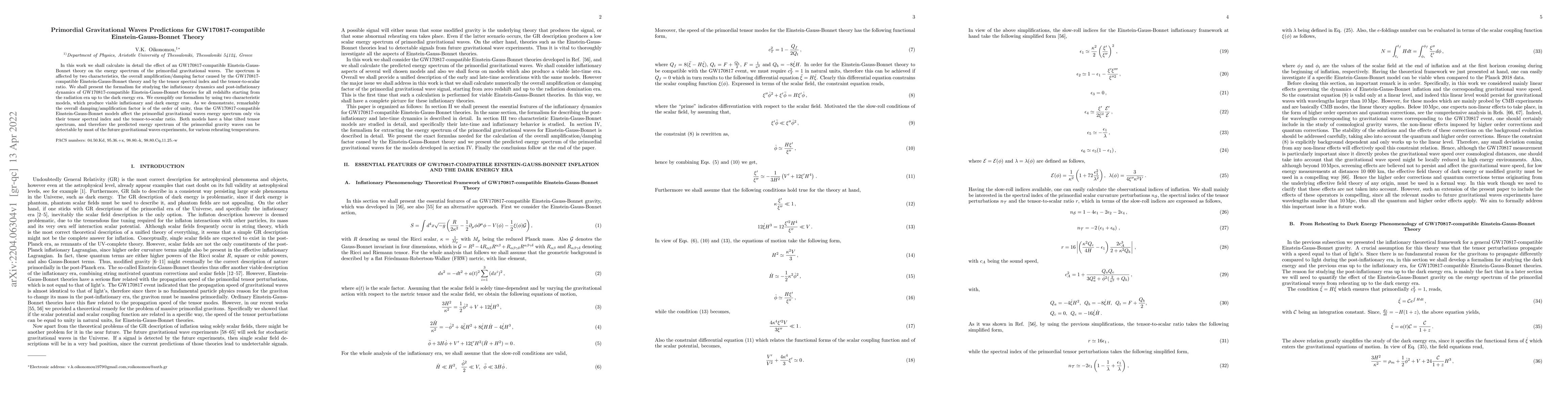 Thumbnail for Primordial Gravitational Waves Predictions for GW170817-compatible
  Einstein-Gauss-Bonnet Theory