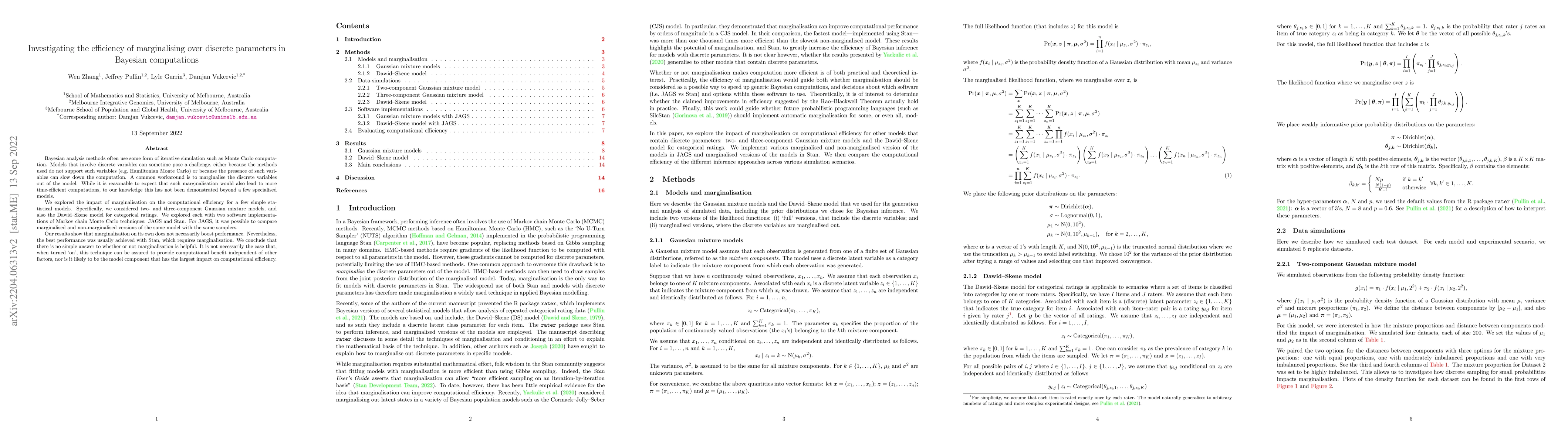 Thumbnail for Investigating the efficiency of marginalising over discrete parameters
  in Bayesian computations