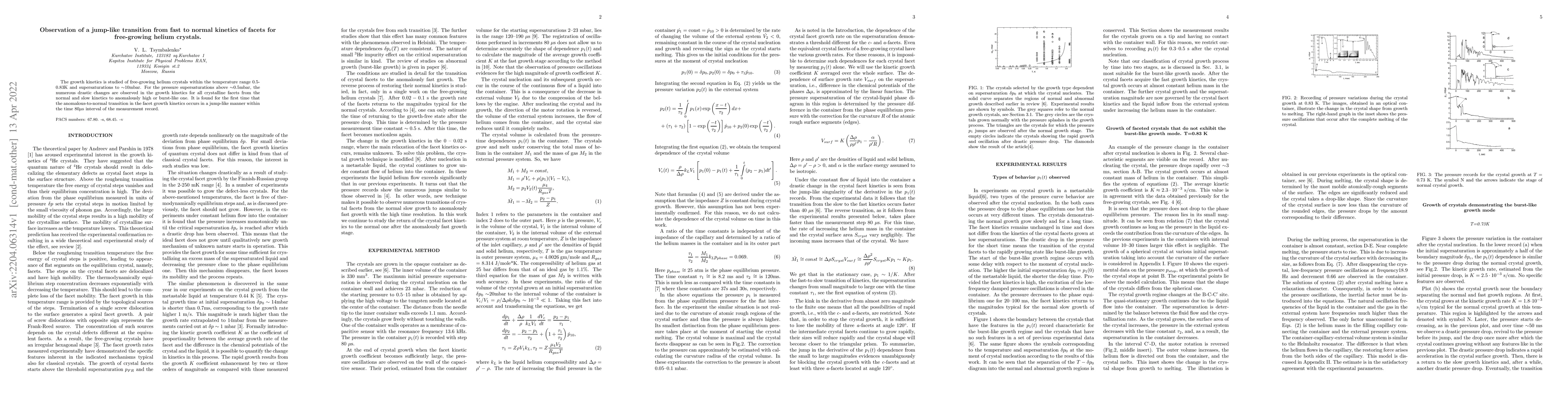 Thumbnail for Observation of a Jump Like Transition from Fast to Normal Kinetics of
  Facets for Free Growing Helium Crystals