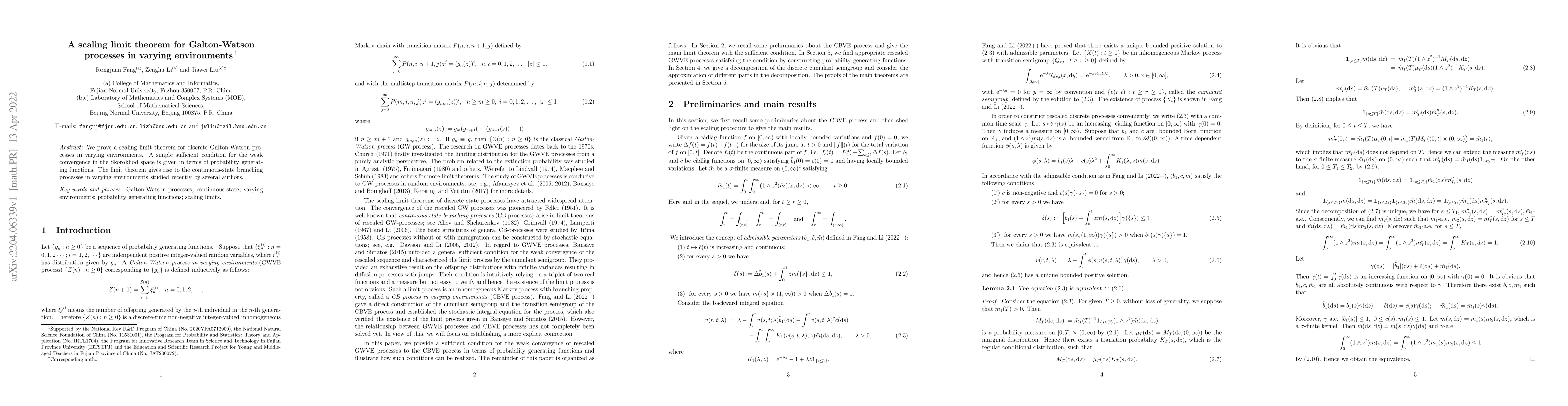 Thumbnail for A scaling limit theorem for Galton-Watson processes in varying
  environments