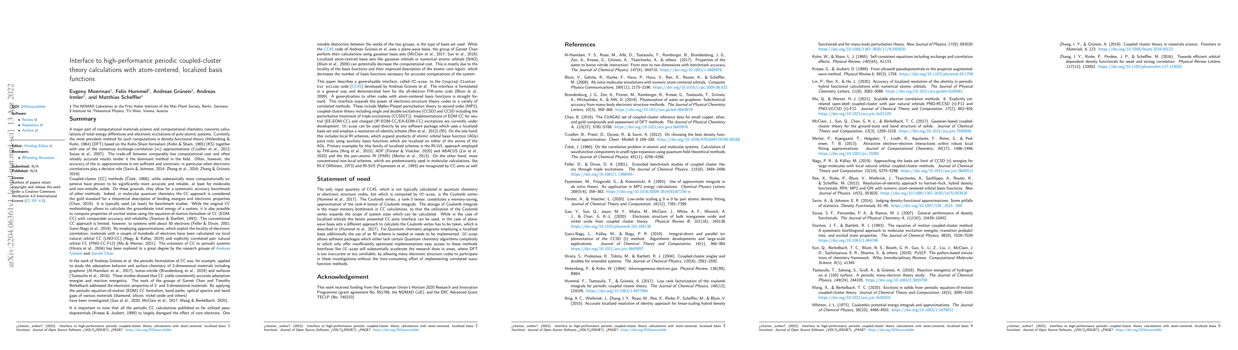 Thumbnail for Interface to high-performance periodic coupled-cluster theory
  calculations with atom-centered, localized basis functions