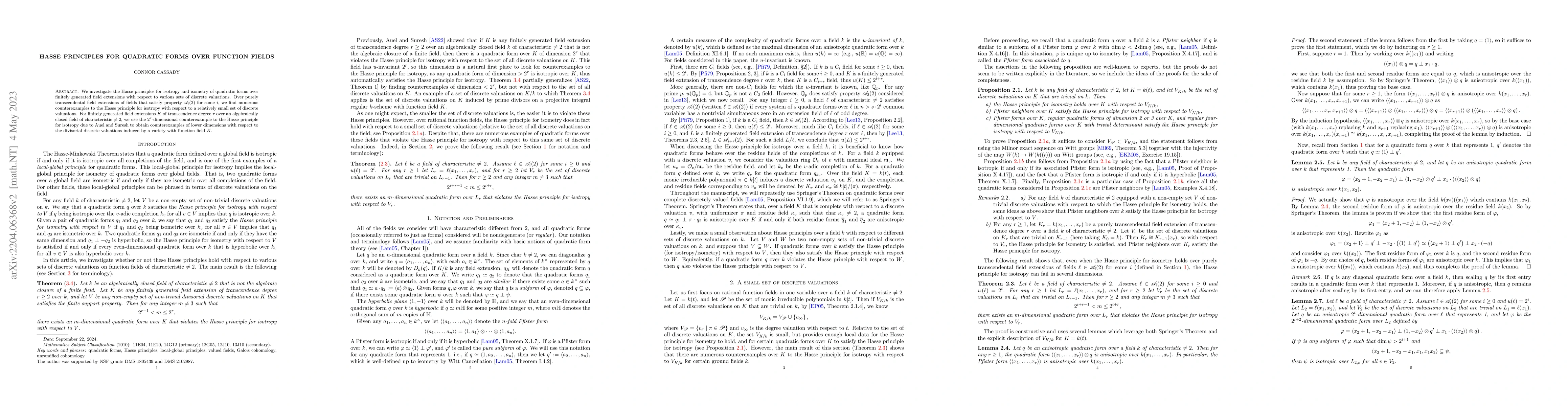 Thumbnail for Hasse principles for quadratic forms over function fields