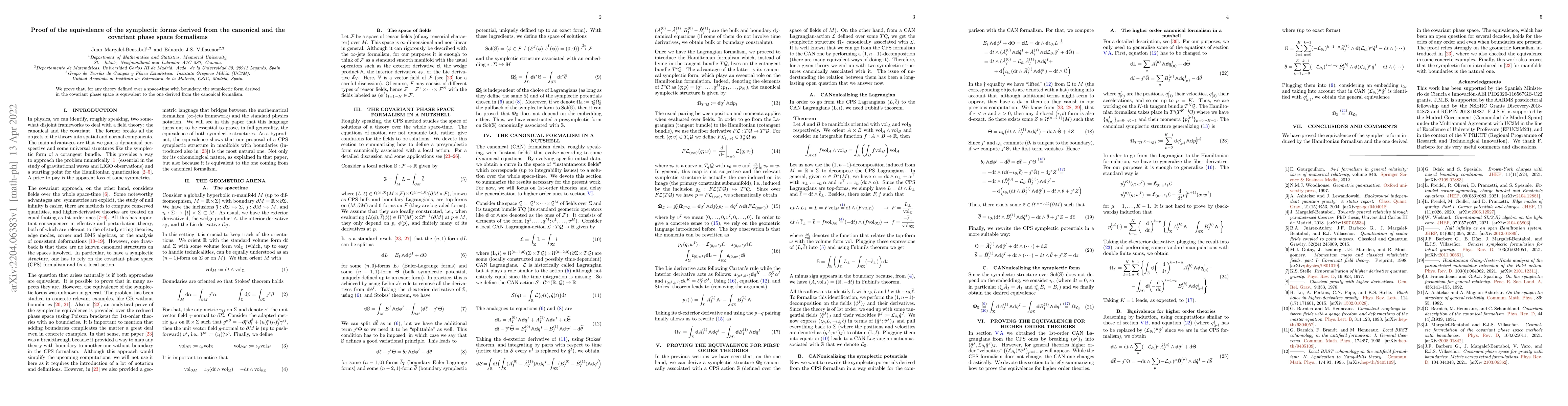Thumbnail for Proof of the equivalence of the symplectic forms derived from the
  canonical and the covariant phase space formalisms
