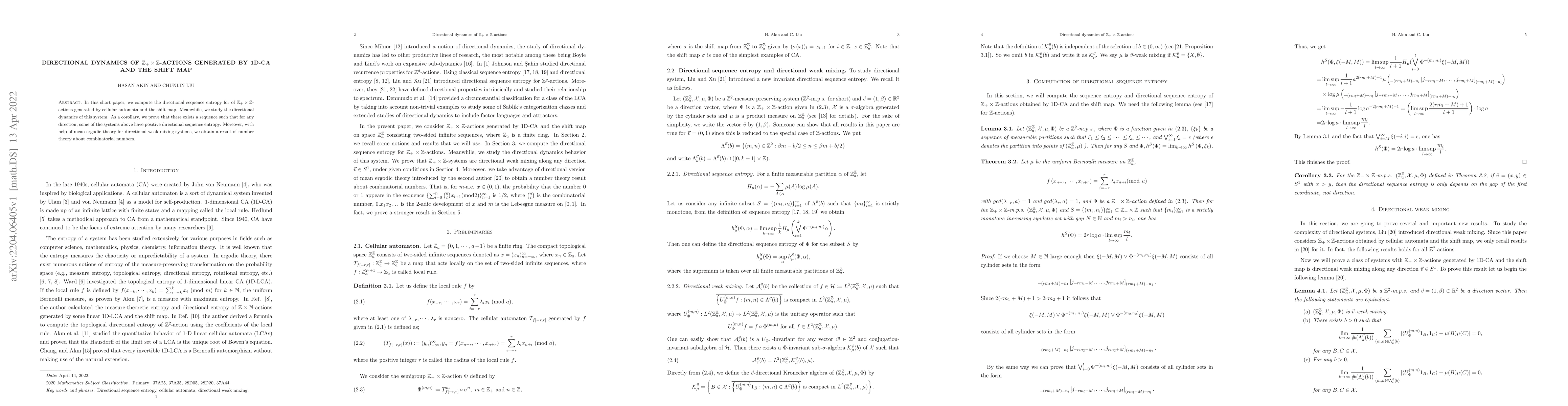 Thumbnail for Directional dynamics of $\mathbb{Z}_+\times \mathbb{Z}$-actions
  generated by 1D-CA and the shift map