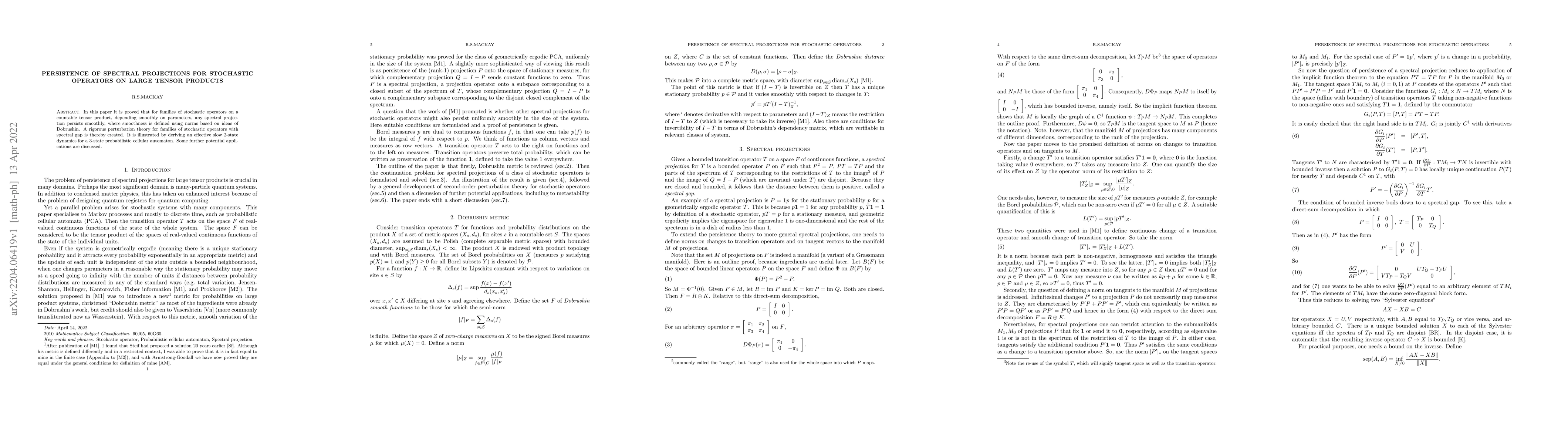 Thumbnail for Persistence of spectral projections for stochastic operators on large
  tensor products