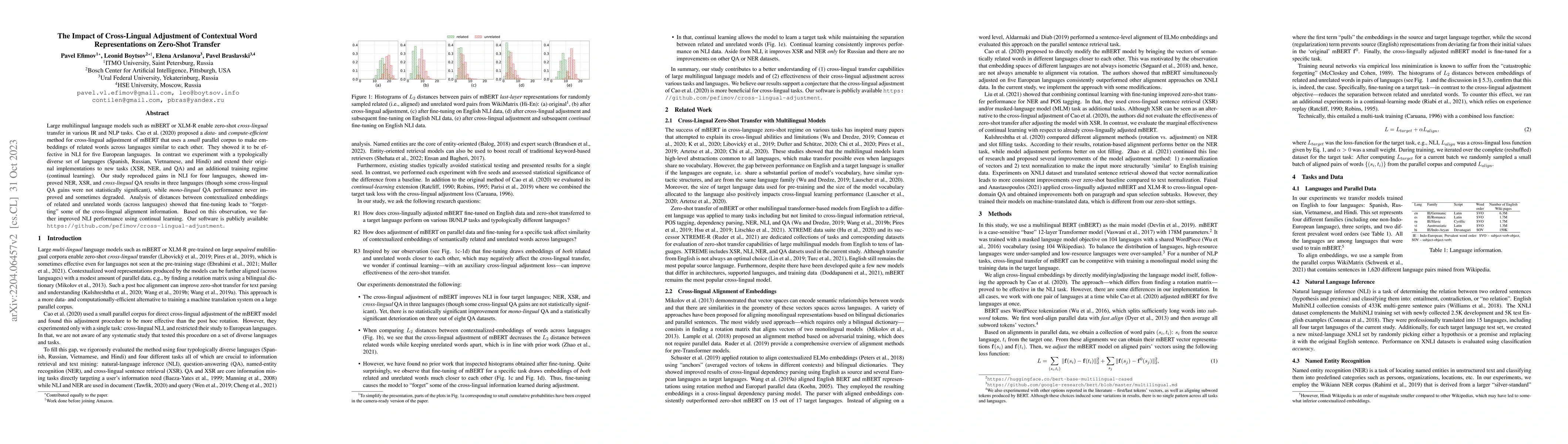 Thumbnail for The Impact of Cross-Lingual Adjustment of Contextual Word
  Representations on Zero-Shot Transfer