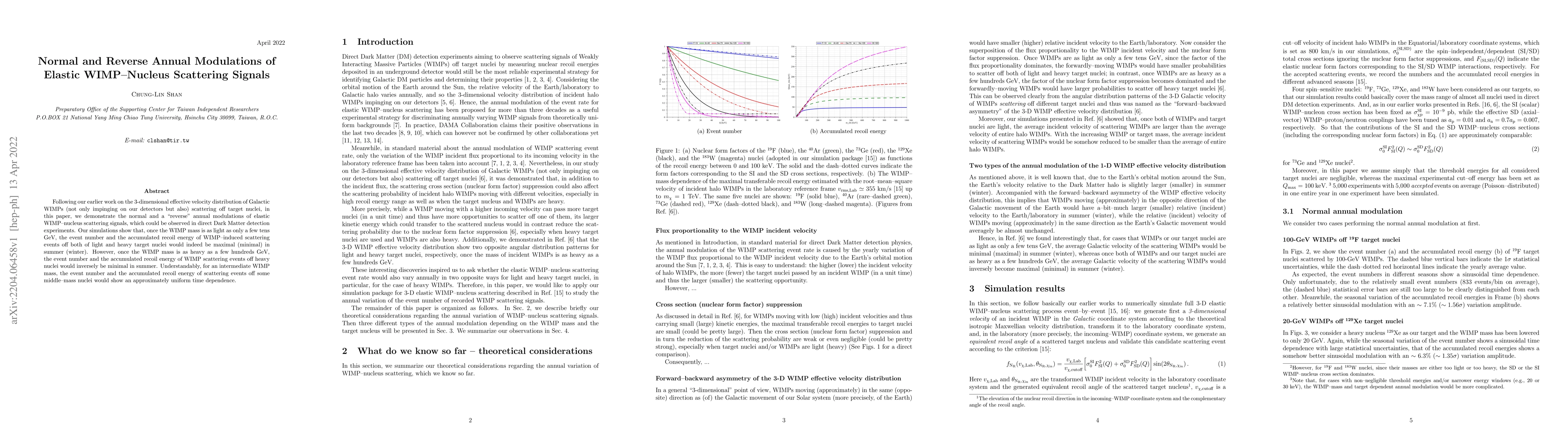 Thumbnail for Normal and Reverse Annual Modulations of Elastic WIMP-Nucleus Scattering
  Signals