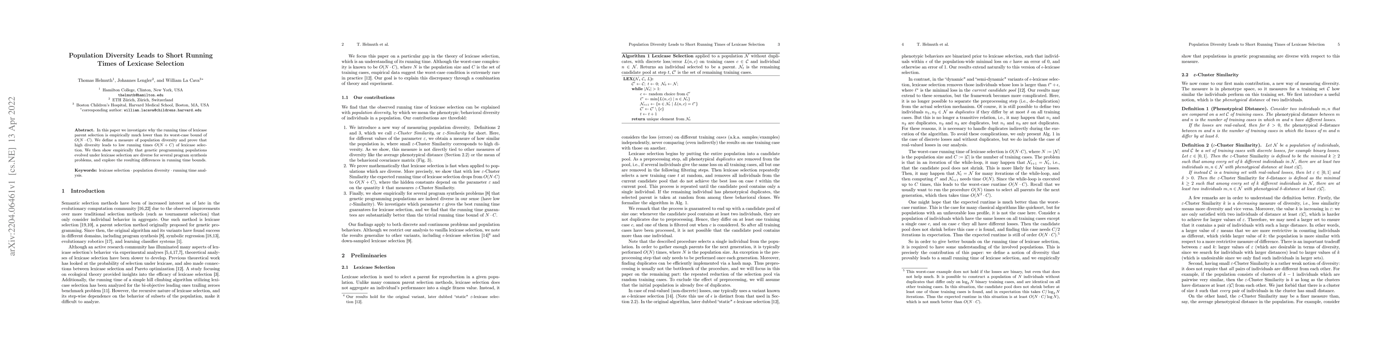 Thumbnail for Population Diversity Leads to Short Running Times of Lexicase Selection