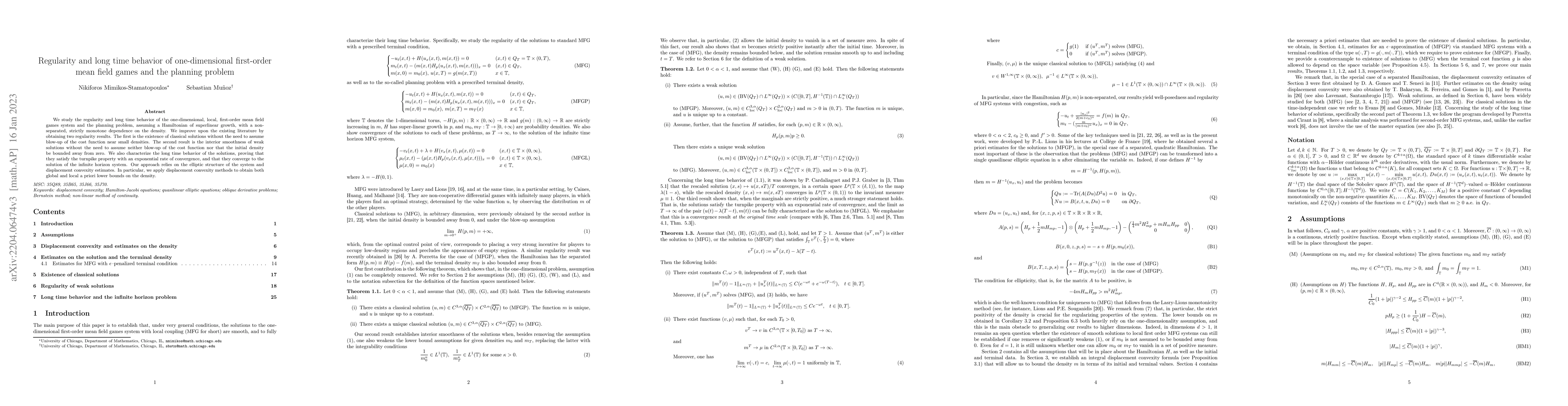 Thumbnail for Regularity and long time behavior of one-dimensional first-order mean
  field games and the planning problem