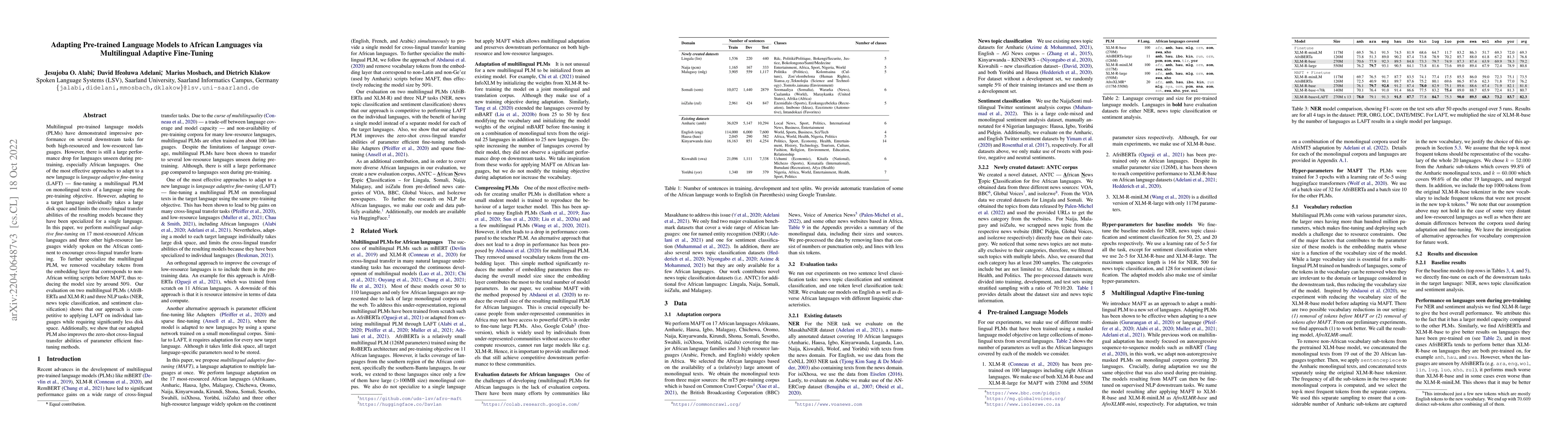 Thumbnail for Adapting Pre-trained Language Models to African Languages via
  Multilingual Adaptive Fine-Tuning