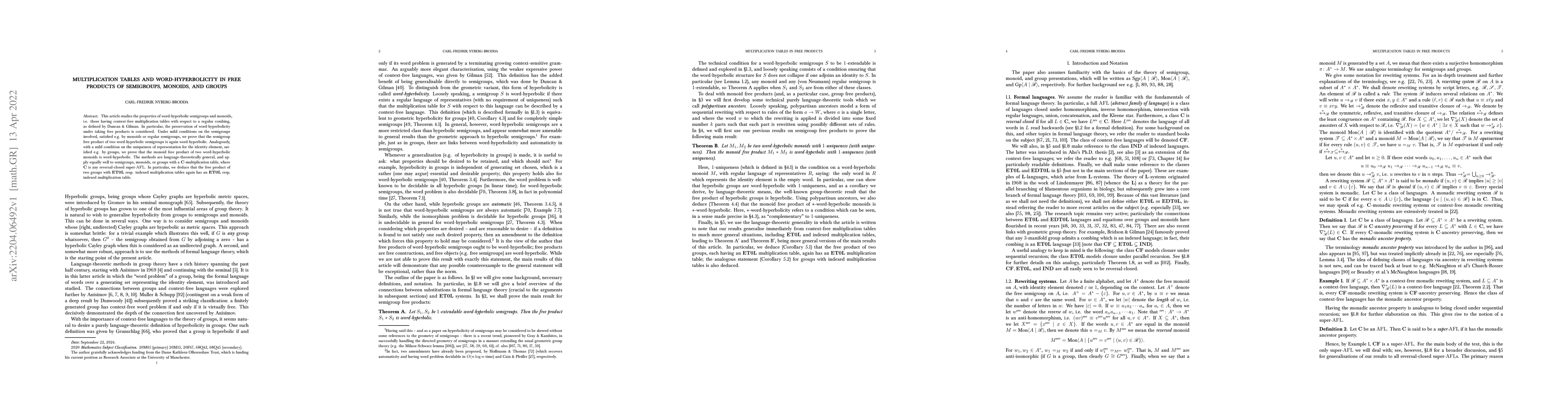 Thumbnail for Multiplication tables and word-hyperbolicity in free products of
  semigroups, monoids, and groups