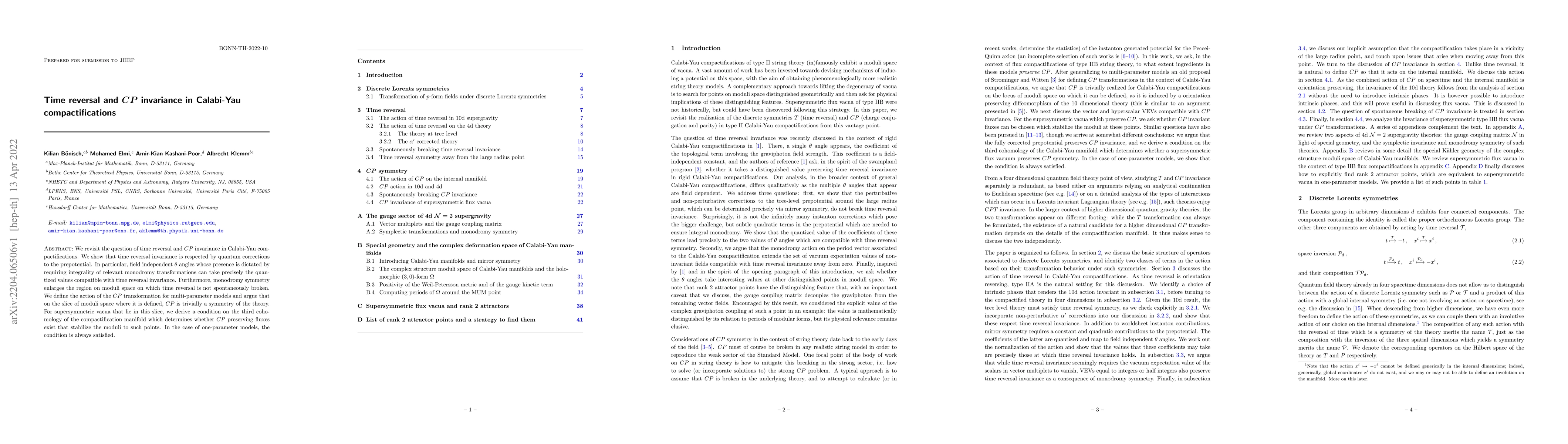 Thumbnail for Time reversal and $\boldsymbol{CP}$ invariance in Calabi-Yau
  compactifications