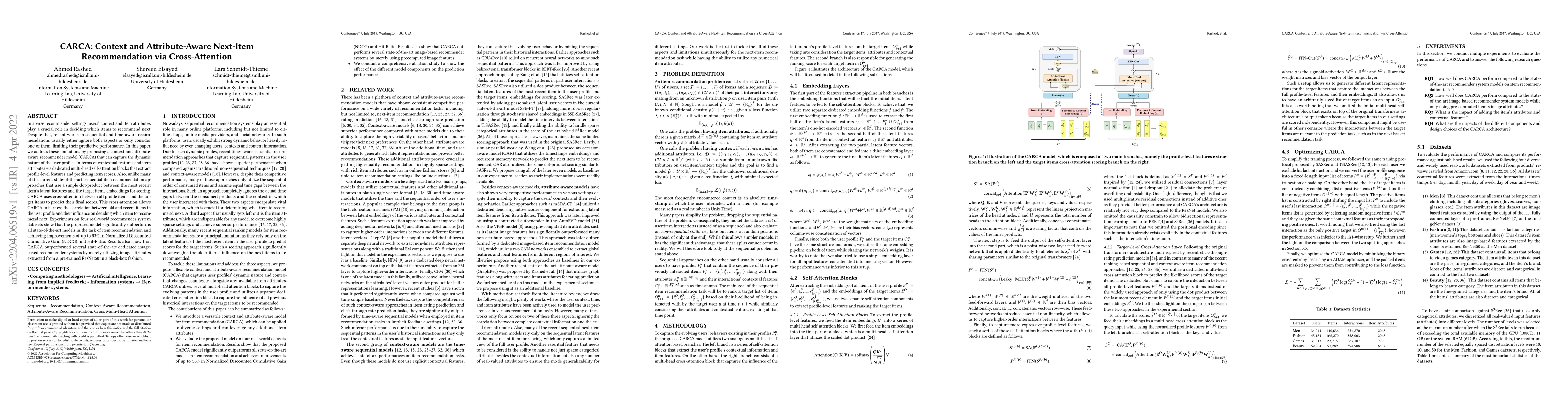 Thumbnail for CARCA: Context and Attribute-Aware Next-Item Recommendation via
  Cross-Attention