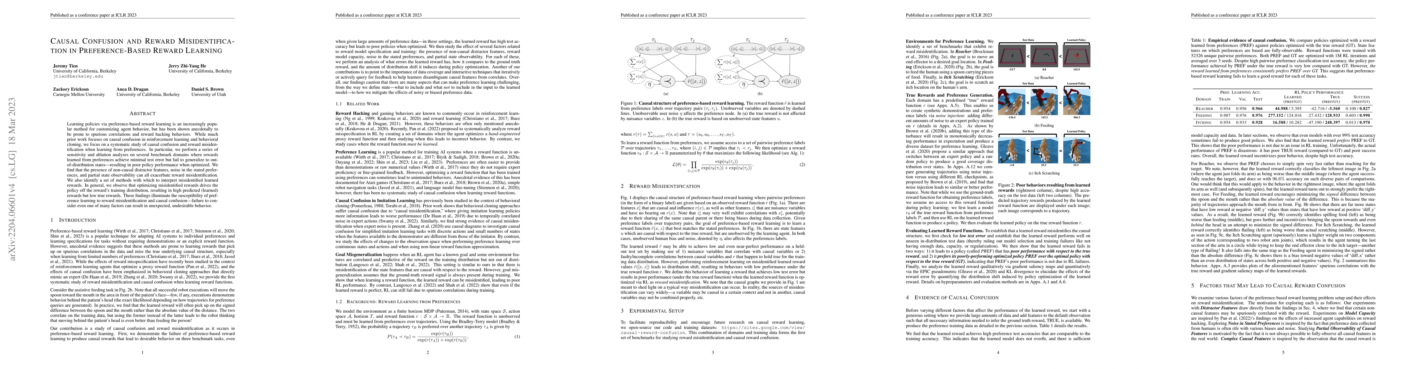 Thumbnail for Causal Confusion and Reward Misidentification in Preference-Based Reward
  Learning