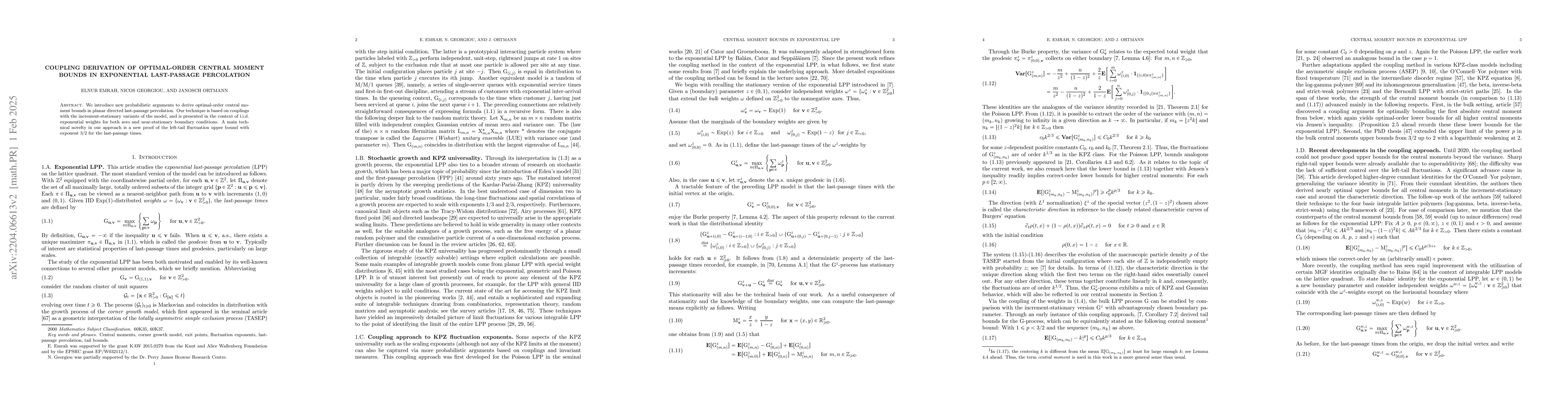 Thumbnail for Coupling derivation of optimal-order central moment bounds in
  exponential last-passage percolation