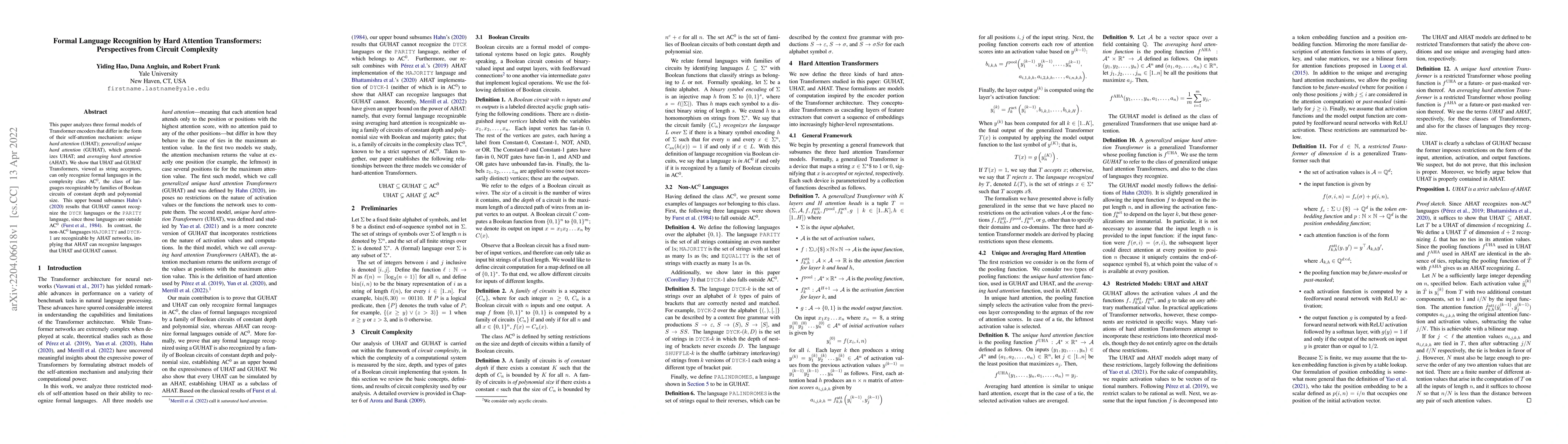 Thumbnail for Formal Language Recognition by Hard Attention Transformers: Perspectives
  from Circuit Complexity