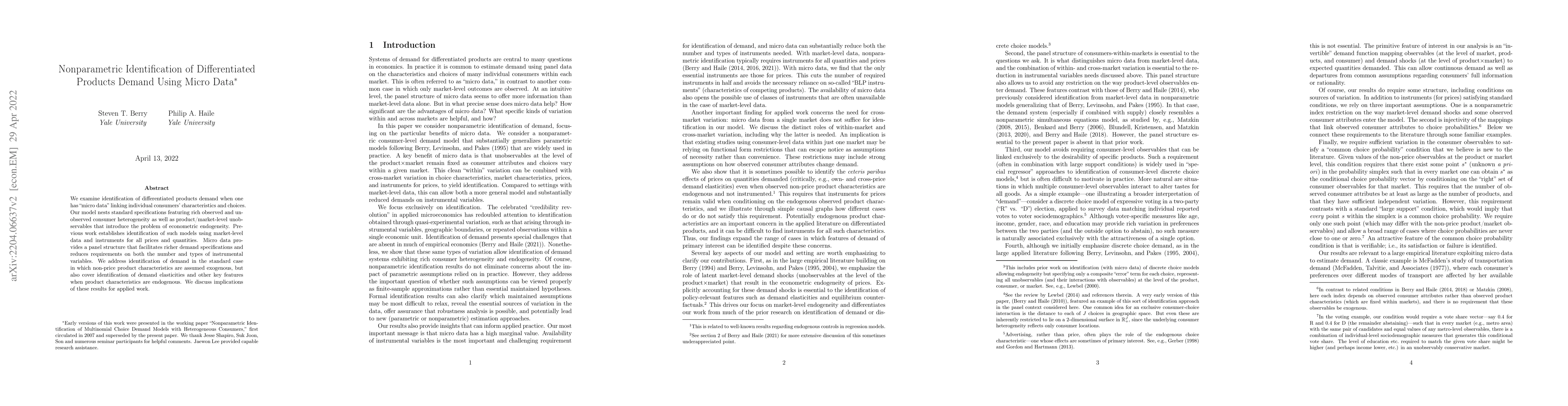 Thumbnail for Nonparametric Identification of Differentiated Products Demand Using
  Micro Data