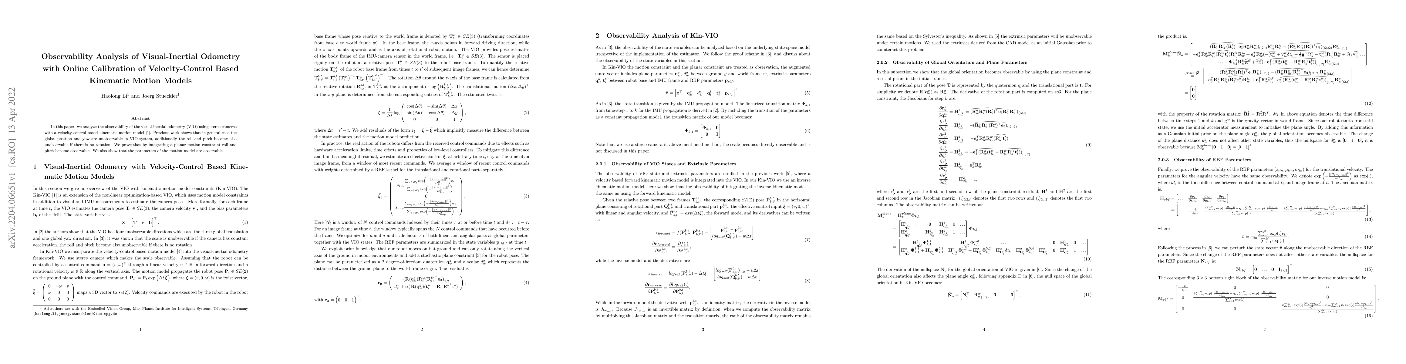Thumbnail for Observability Analysis of Visual-Inertial Odometry with Online
  Calibration of Velocity-Control Based Kinematic Motion Models