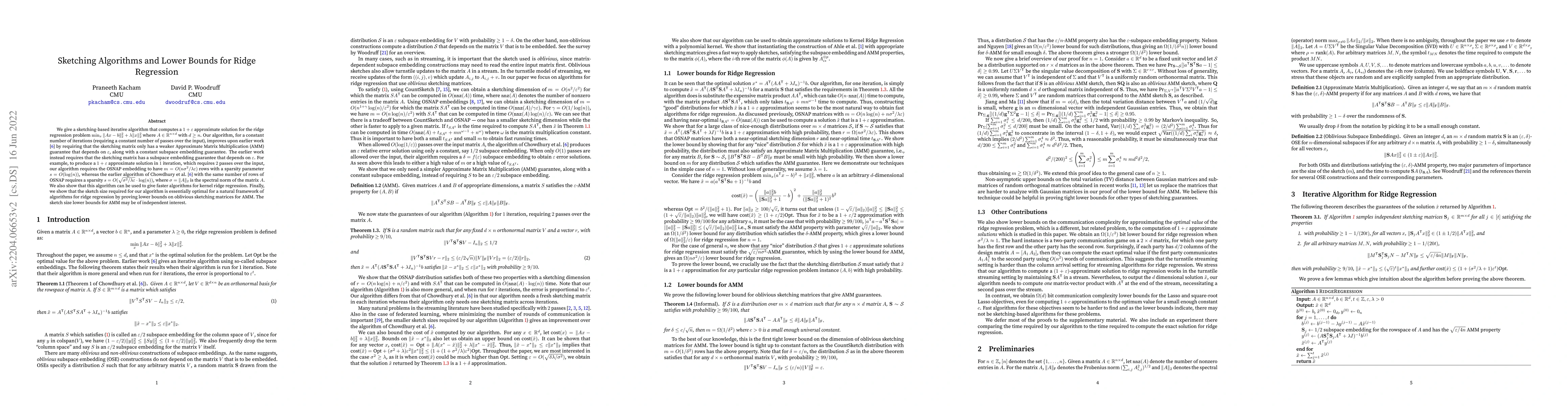 Thumbnail for Sketching Algorithms and Lower Bounds for Ridge Regression