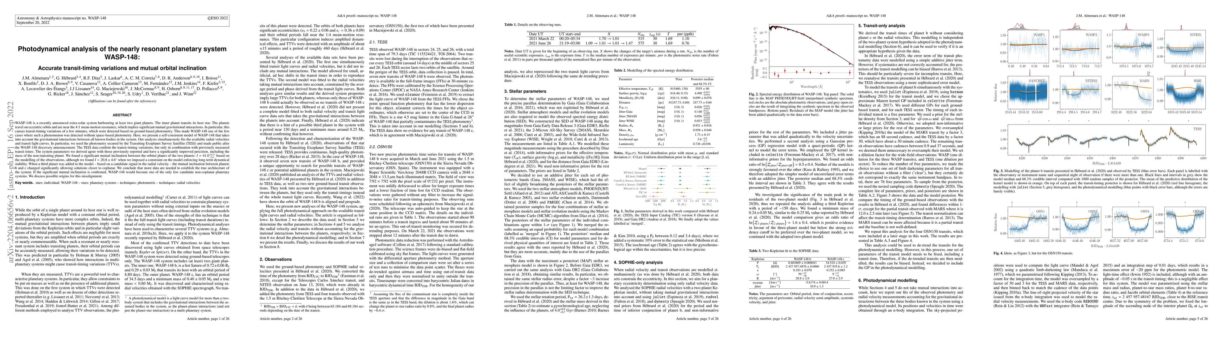 Thumbnail for Photodynamical analysis of the nearly resonant planetary system
  WASP-148: Accurate transit-timing variations and mutual orbital inclination