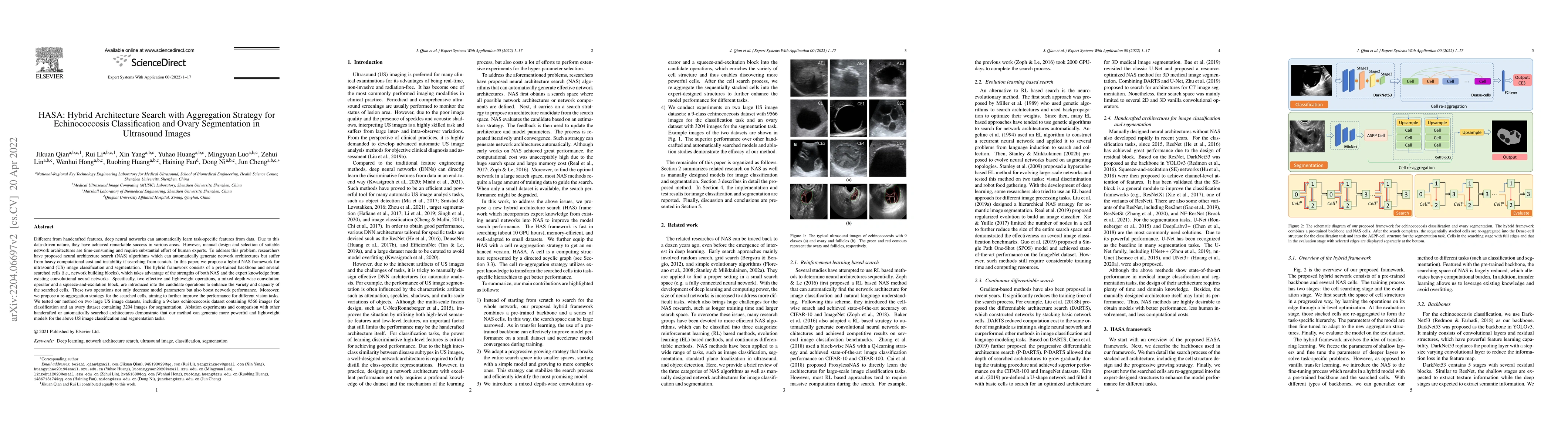 Thumbnail for HASA: Hybrid Architecture Search with Aggregation Strategy for
  Echinococcosis Classification and Ovary Segmentation in Ultrasound Images