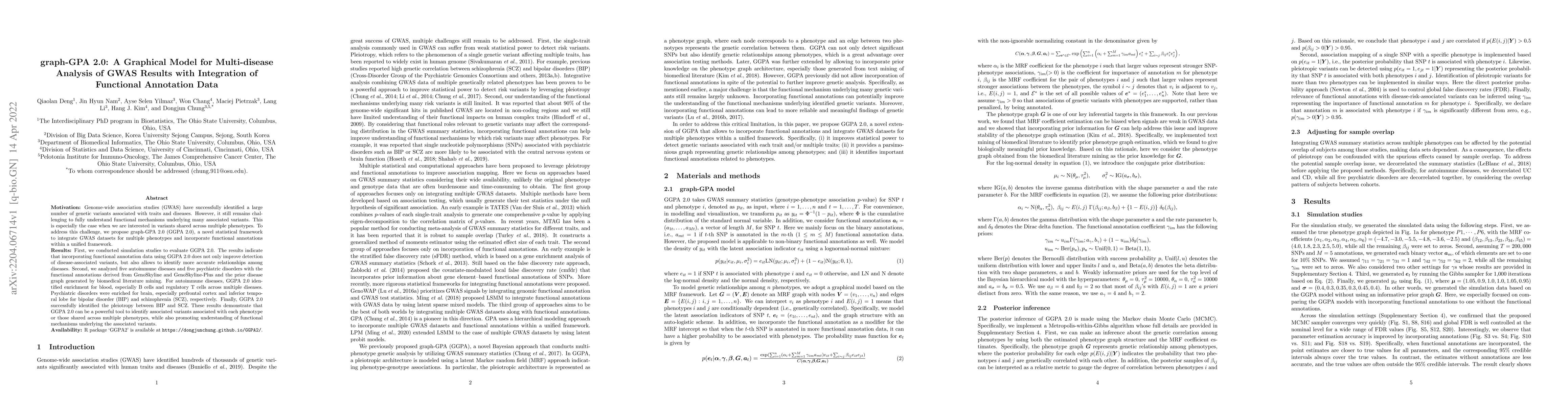 Thumbnail for graph-GPA 2.0: A Graphical Model for Multi-disease Analysis of GWAS
  Results with Integration of Functional Annotation Data